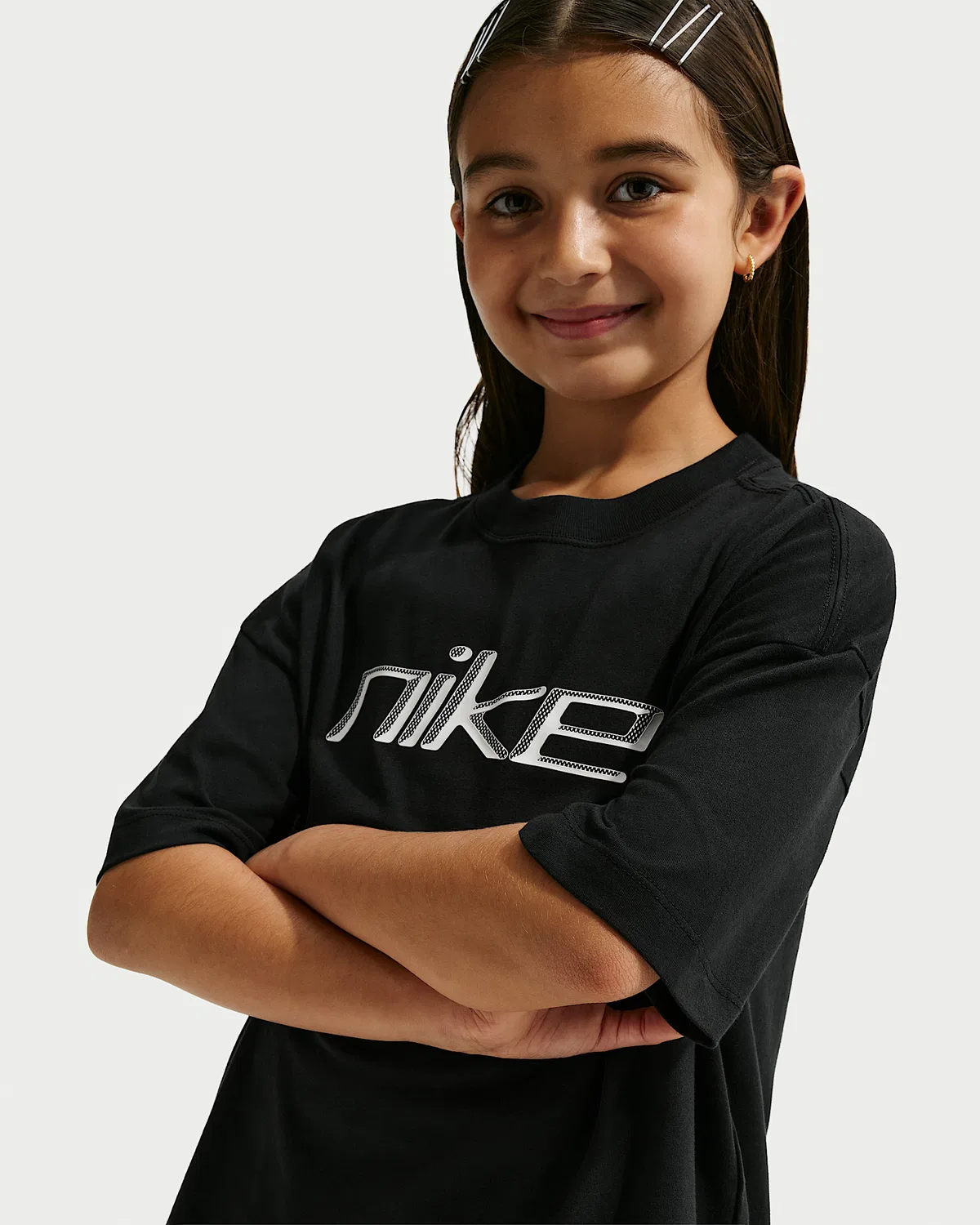 Детская (для девочек) футболка оверсайз Nike Sportswear, Black/Silver/White/White — фото 3
