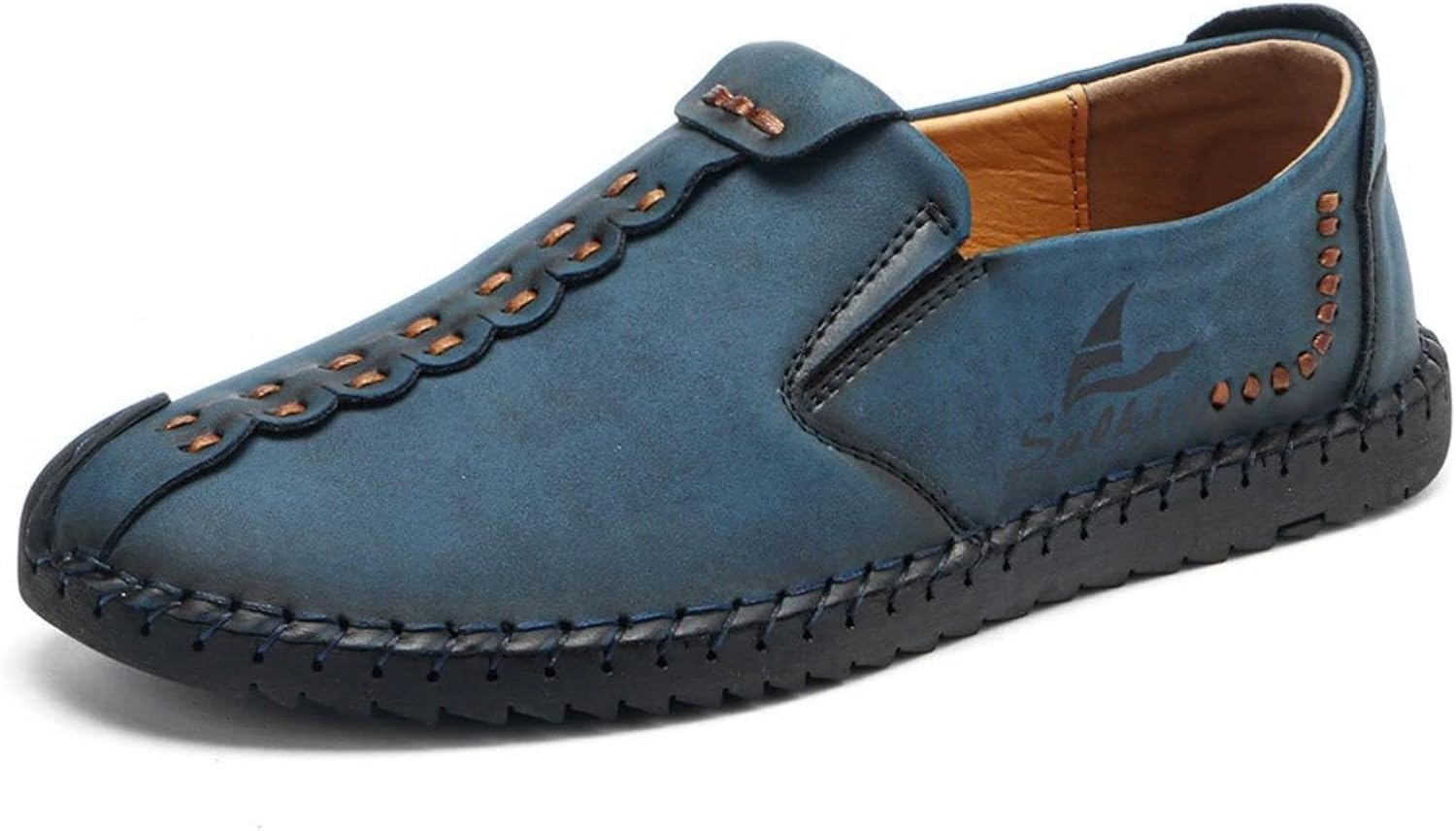 

Мужские лоферы на пятке из натуральной кожи с ручной строчкой и вышивкой, удобные, противоскользящие, легкие, для работы, повседневной носки и вождения Crepuscute, синий