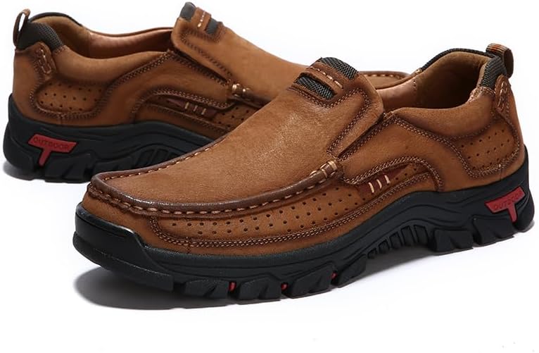 

Мужские кожаные слипоны, повседневные походные и ходовые туфли, коричневые перфорированные мокасины, прочная нескользящая обувь для улицы Generic