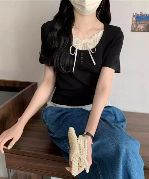 

Gossip！ロサンゼルス Футболка женская с рюшами и кокеткой в стиле Y2K, Gossip Los Angeles, черный