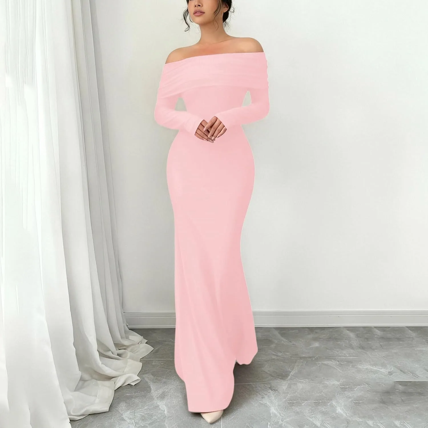 Платье Fall Bodycon для женщин, сексуальное с открытыми плечами, элегантное облегающее трендовое длинное платье для формального коктейля, выпускного вечера Generic, розовый — фото 2