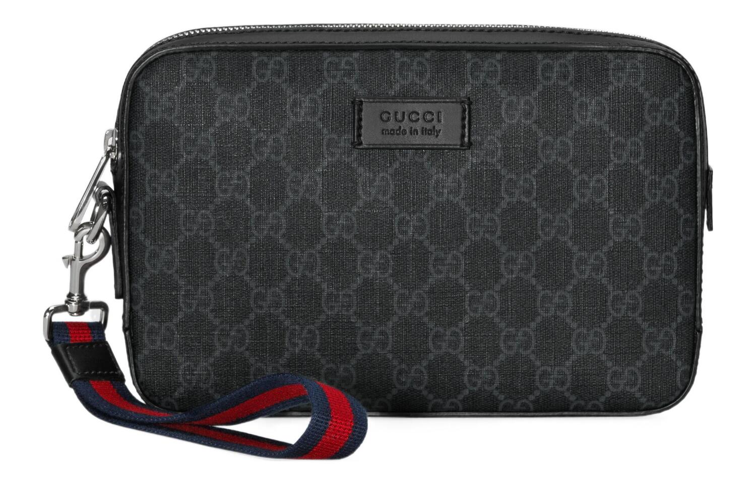 

Сумка-косметичка из холста с кожаными вставками Trumpets мужская серая черная GUCCI