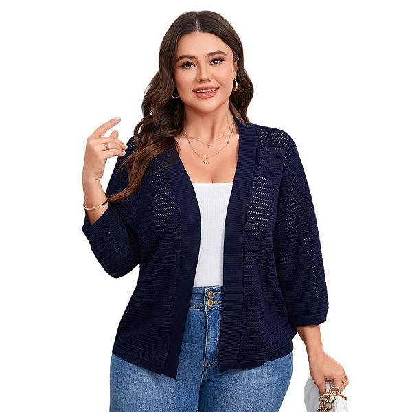 

Женский кардиган plus size с рукавом 3/4 длины, легкий, вязаный, на пуговицах Yesfashion, Navy Blue