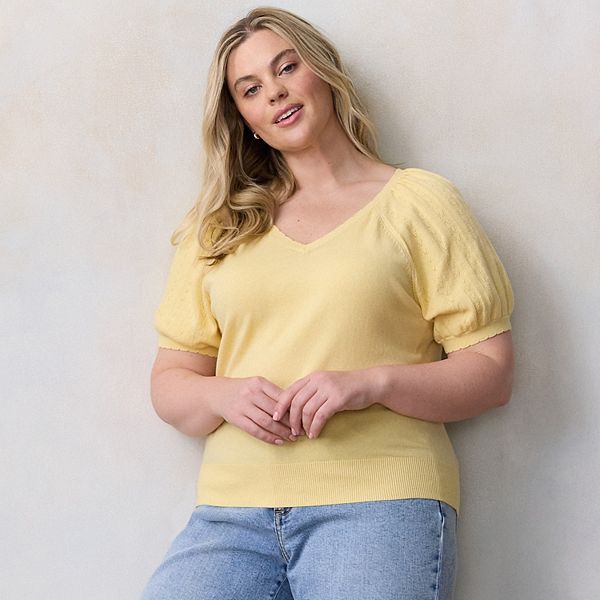 

Футболка с V-вырезом и рукавом реглан Plus size Lc Lauren Conrad, Lemon Shine