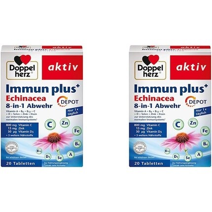 

Immun plus Echinacea 8-in-1 Defense с витамином C, витамином D и цинком для поддержки иммунной системы 20 таблеток длительного действия Doppelherz