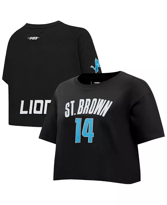 

Женская футболка Amon-Ra St. Brown Black Detroit Lions с именем игрока, номером, укороченная, свободного кроя Pro Standard