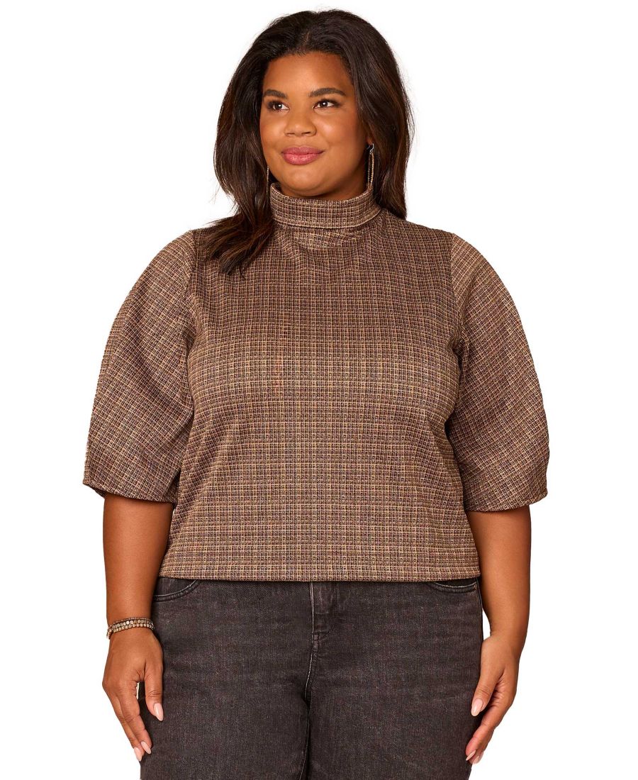 

Укороченный топ большого размера с плиссированными рукавами до локтя и воротником-стойкой Democracy, Brown Multi