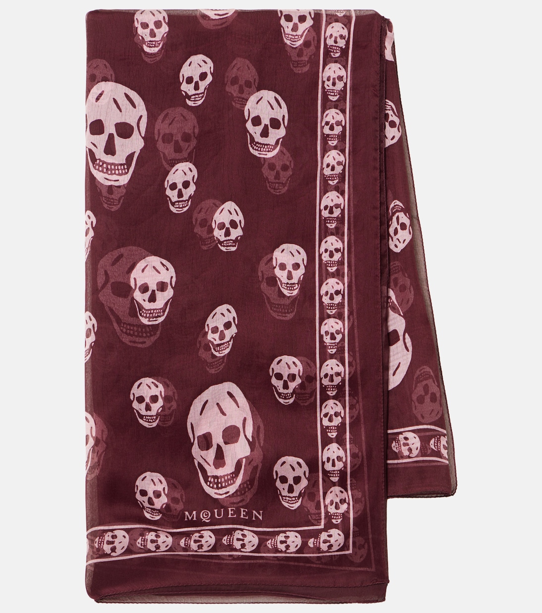 

Шелковый шарф с черепом и бахромой McQueen, Burgundy/Pink