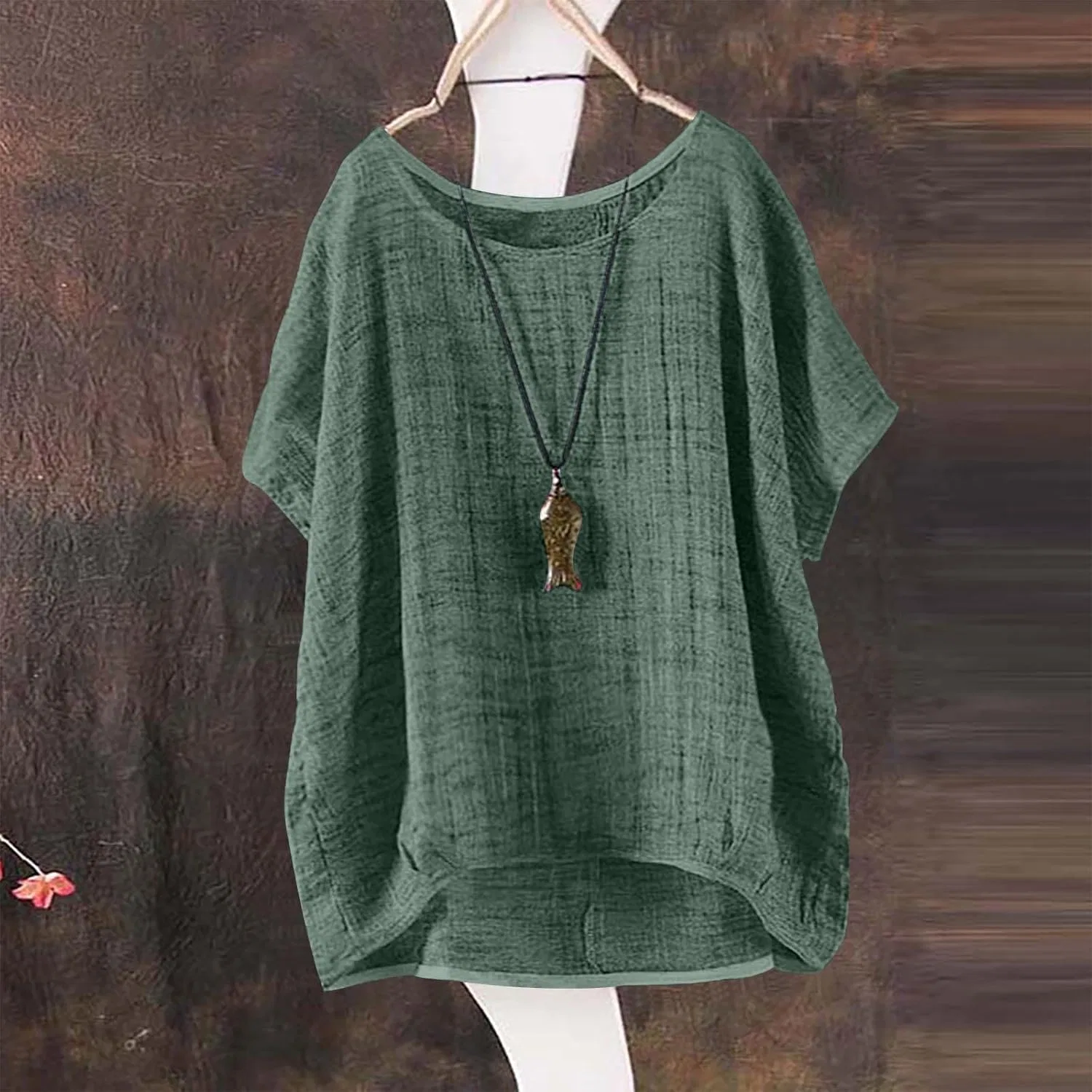 Блуза из льна с коротким рукавом, свободная, оверсайз, C-mint Green — фото 2