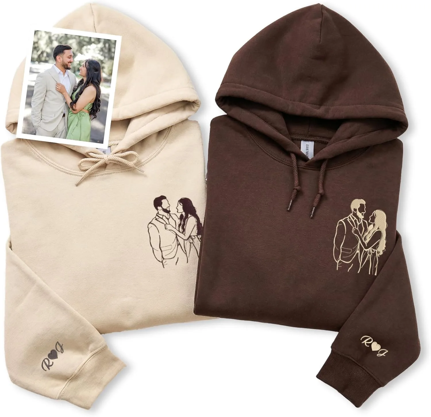 

Персонализированный худи для пары с вышитым портретом COUPLEHOODIES