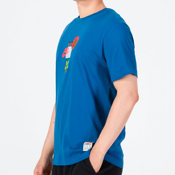 Футболка Men's Nike Logo Plant Flowers Pattern Printing Round Neck Casual Short Sleeve Sky Blue T-Shirt, мультиколор — фото 4