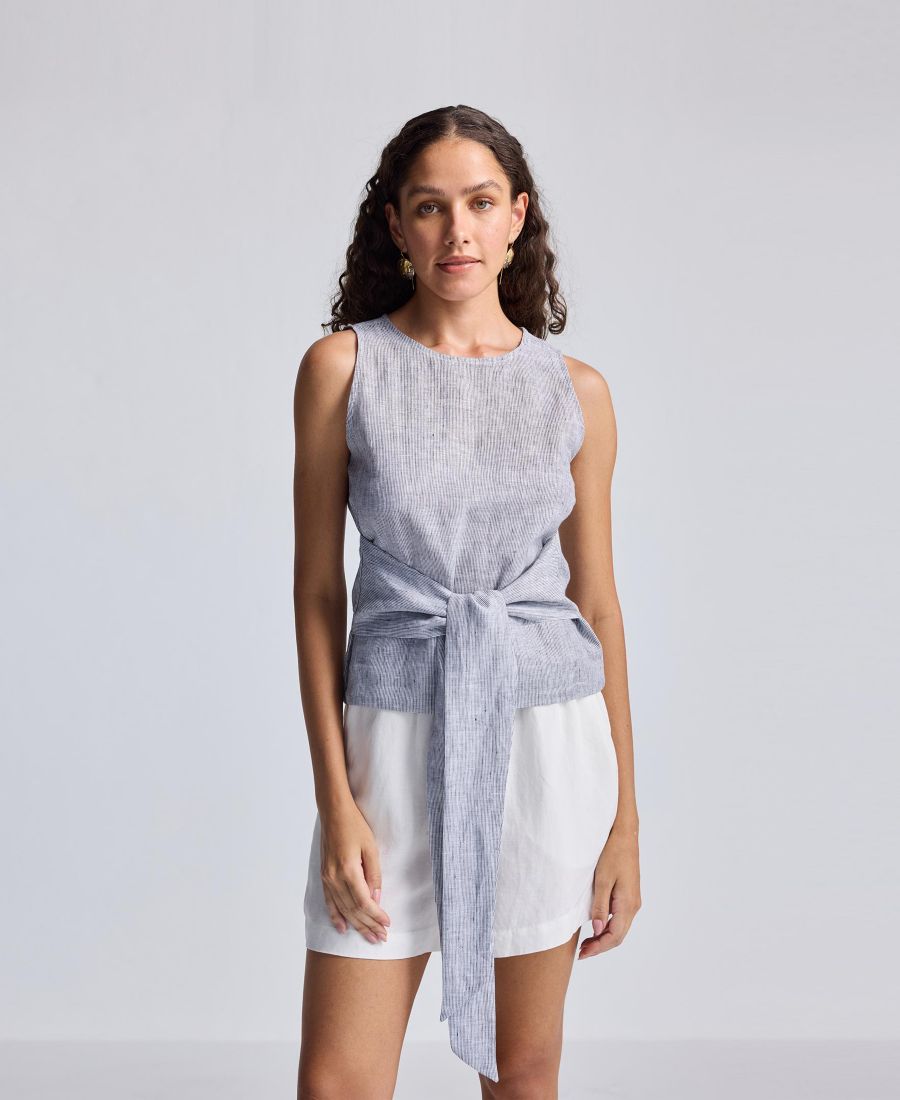 

Женская блузка с завязками спереди, в льняную полоску Reistor, Pin striped linen