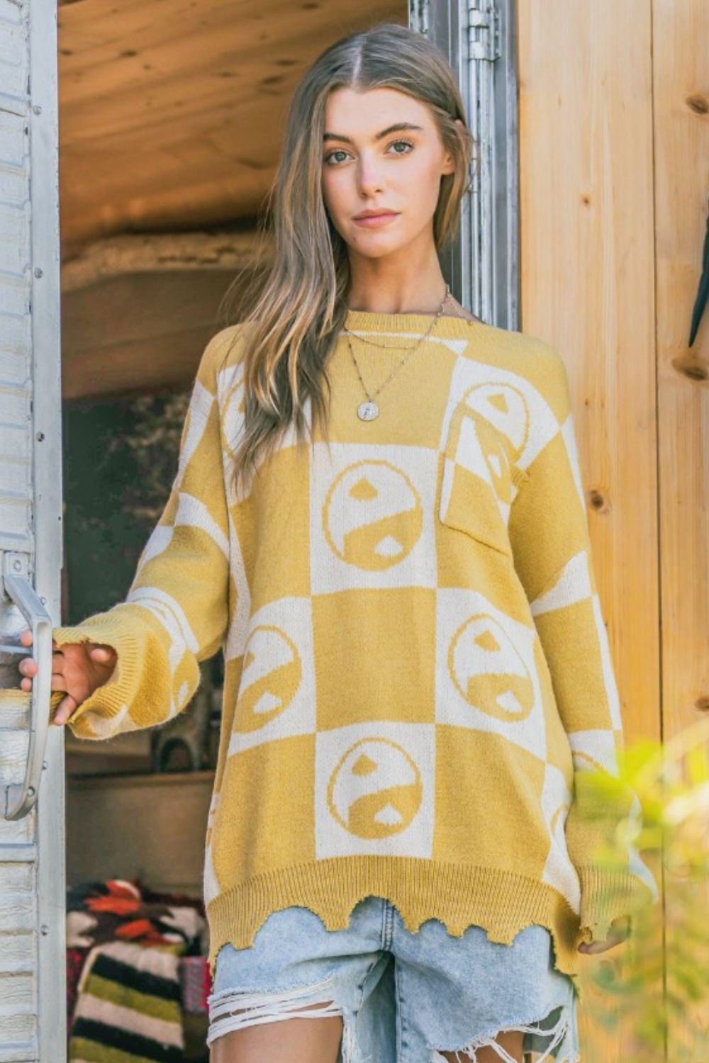 

Свитер в клетку с узором Инь-Ян FASHNZFAB, цвет mustard