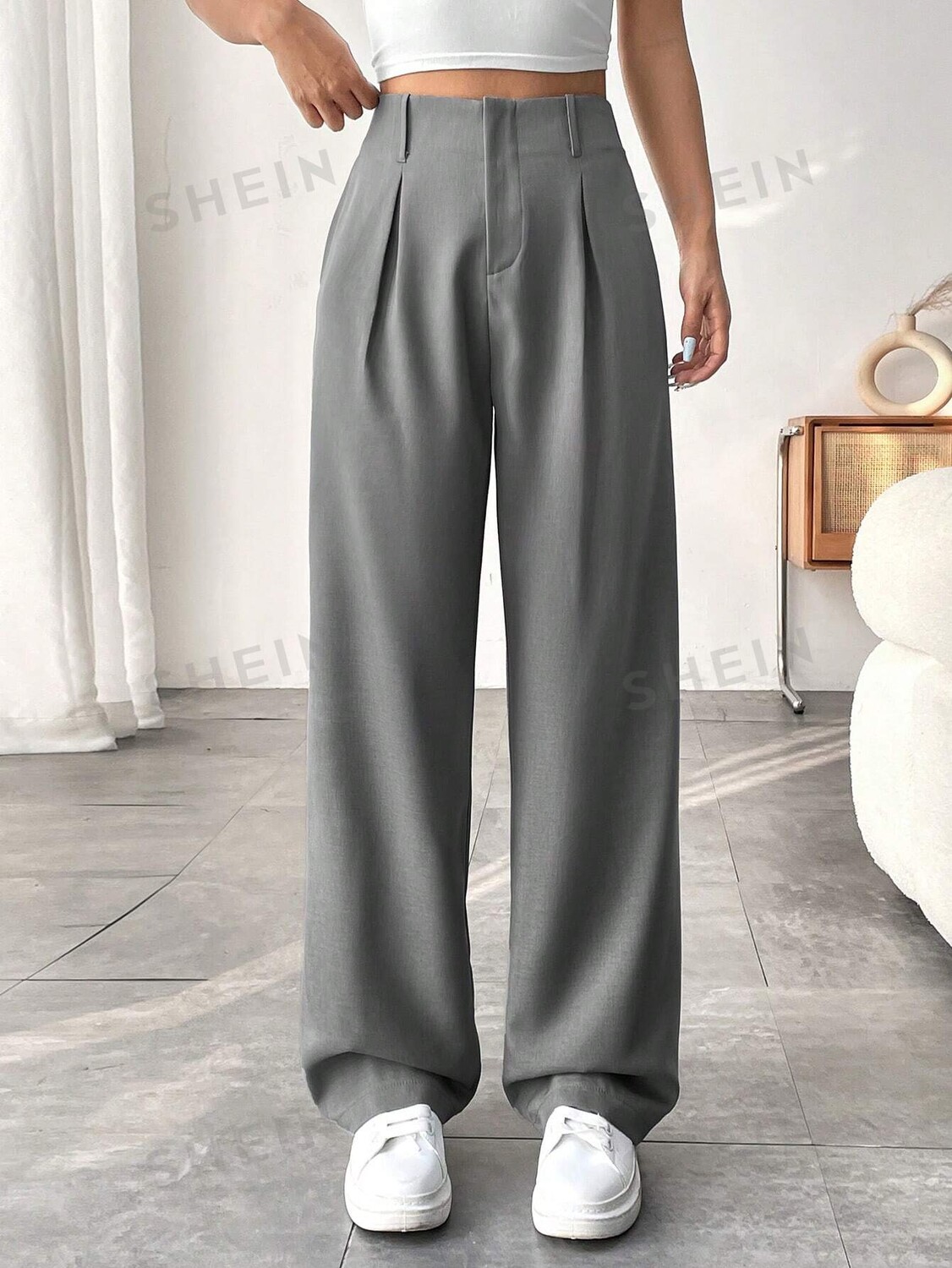 

EZwear Женские брюки, Однотонные, плиссированные, прямого кроя, свободного кроя Shein, серый