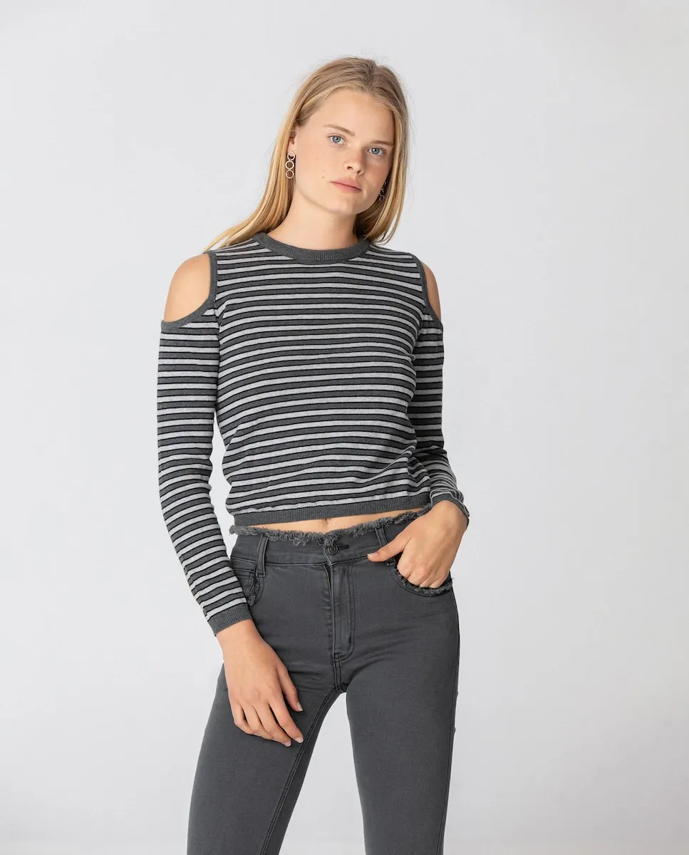 

Женский тонкий полосатый джемпер с вырезами на плечах Noon, серый/белый