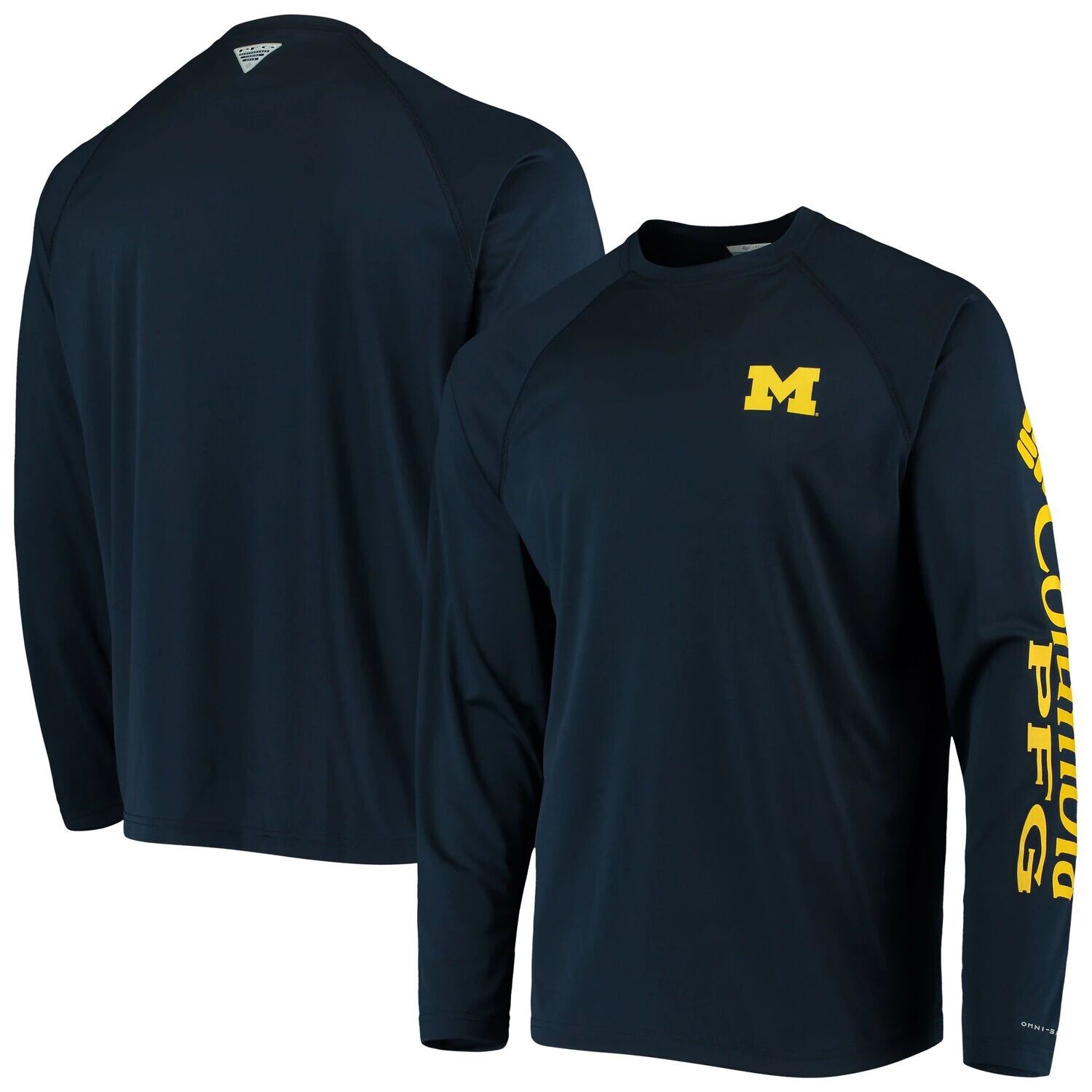 

Мужская футболка с длинными рукавами Columbia PFG Navy Michigan Wolverines Terminal Tackle Omni-Shade
