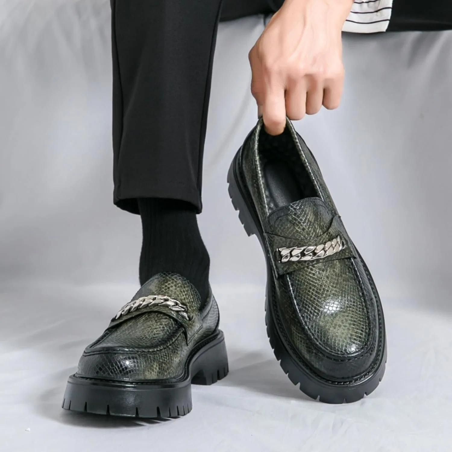 Лоферы мужские из текстурированной кожи на платформе, Penny Loafer, зеленый — фото 2