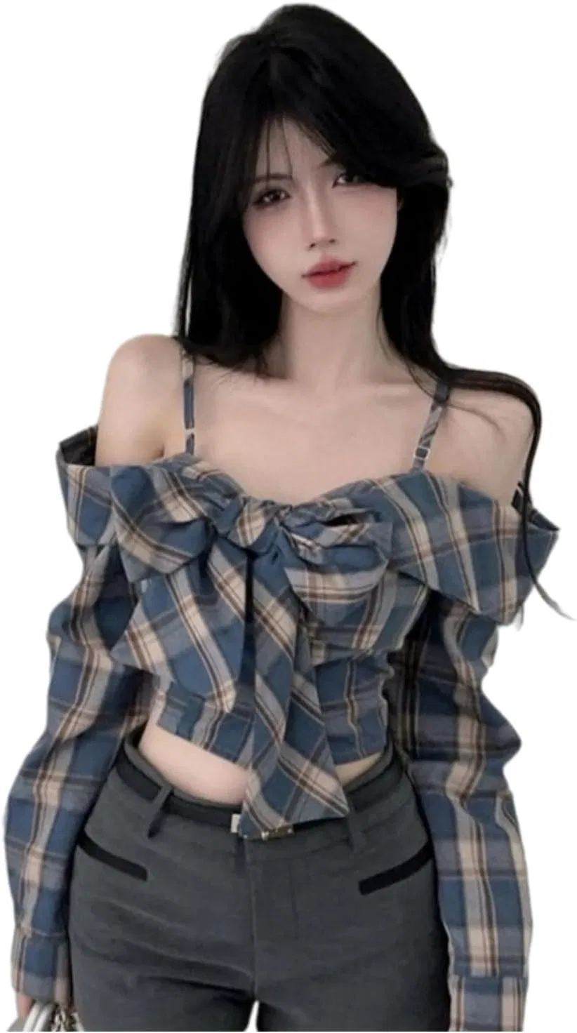 Блуза с запахом, клетчатая, женская, French Girly, синяя