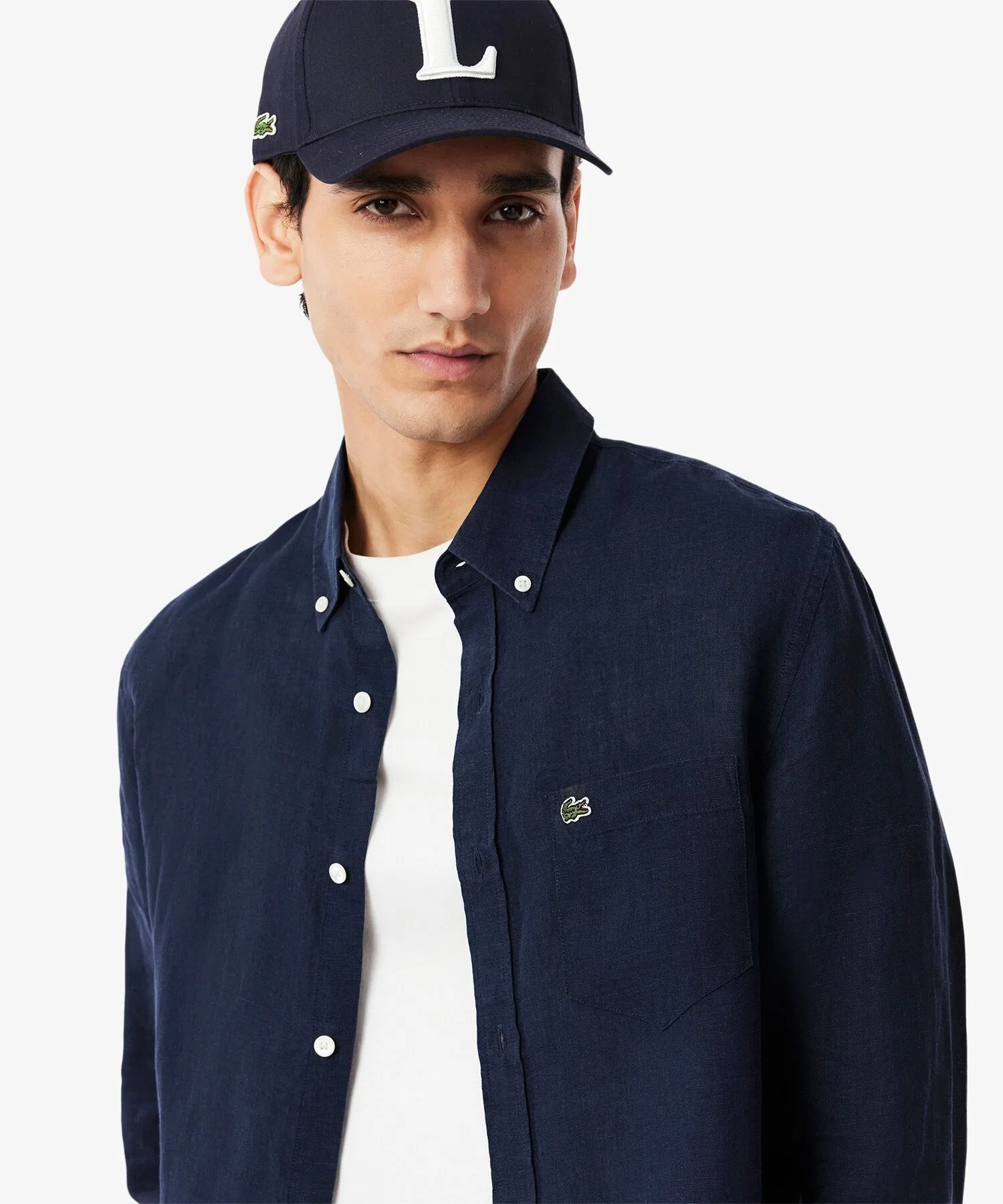 Рубашка Lacoste мужская с длинным рукавом, воротник button-down, 100% лен, синий — фото 4