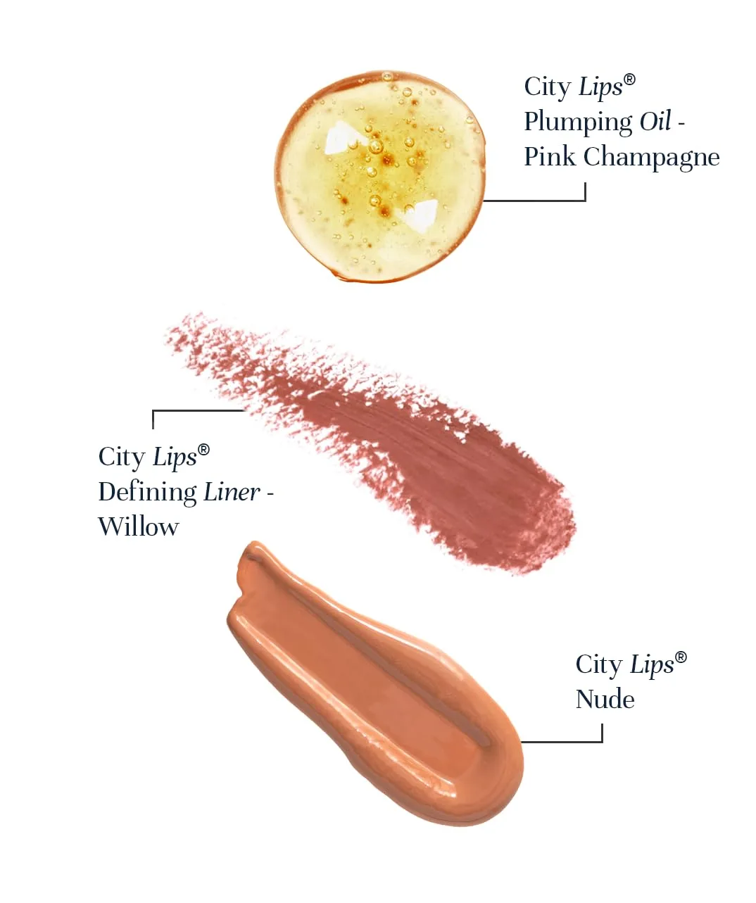 City Beauty City Lips Perfect Pout Bundle - блеск для губ Plumping Lip Gloss в оттенке Nude, карандаш для губ Defining Liner в оттенке Willow, масло для губ Plumping Lip Oil в оттенке Pink Champagne, gold — фото 2