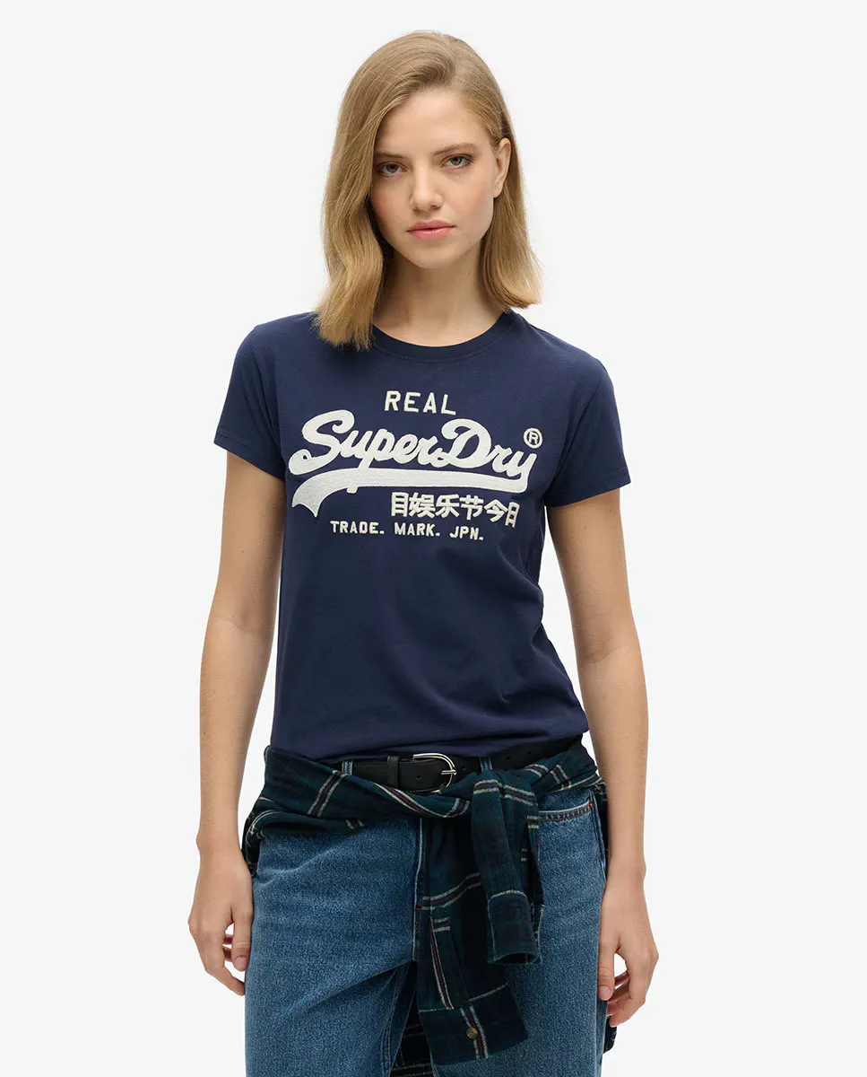 

Женская приталенная футболка с вышитым логотипом Vintage Superdry, темно-синий