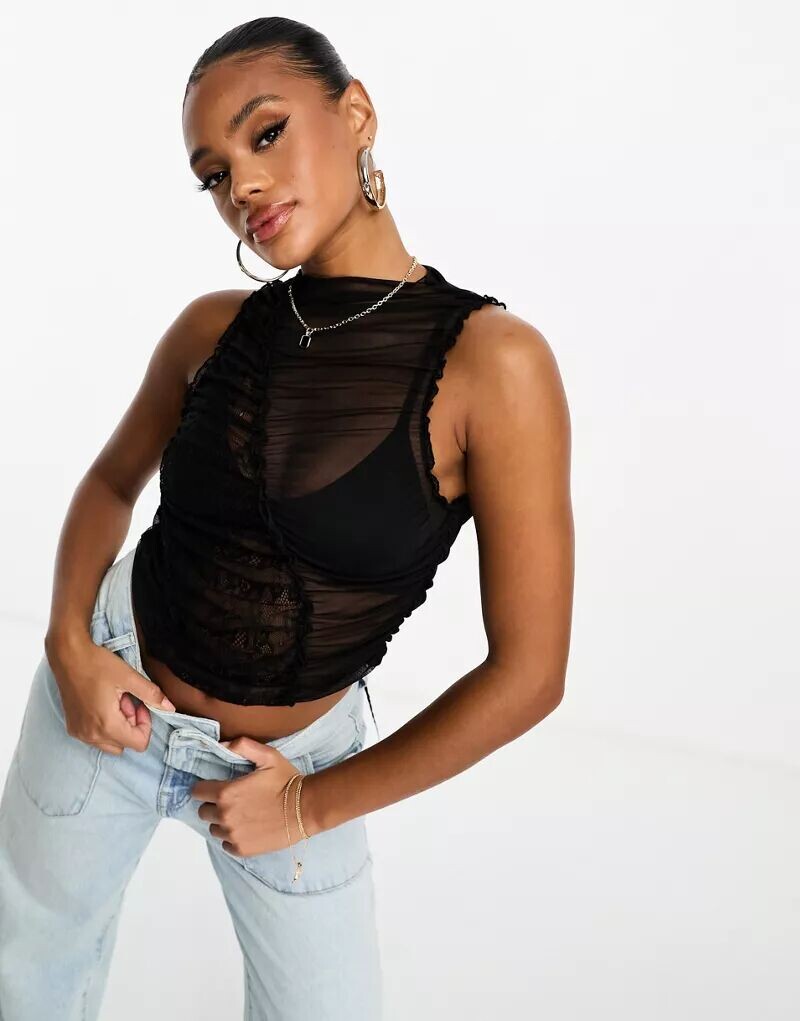 

Черная майка из сетки и кружева ASOS, Коричневый, Черная майка из сетки и кружева ASOS