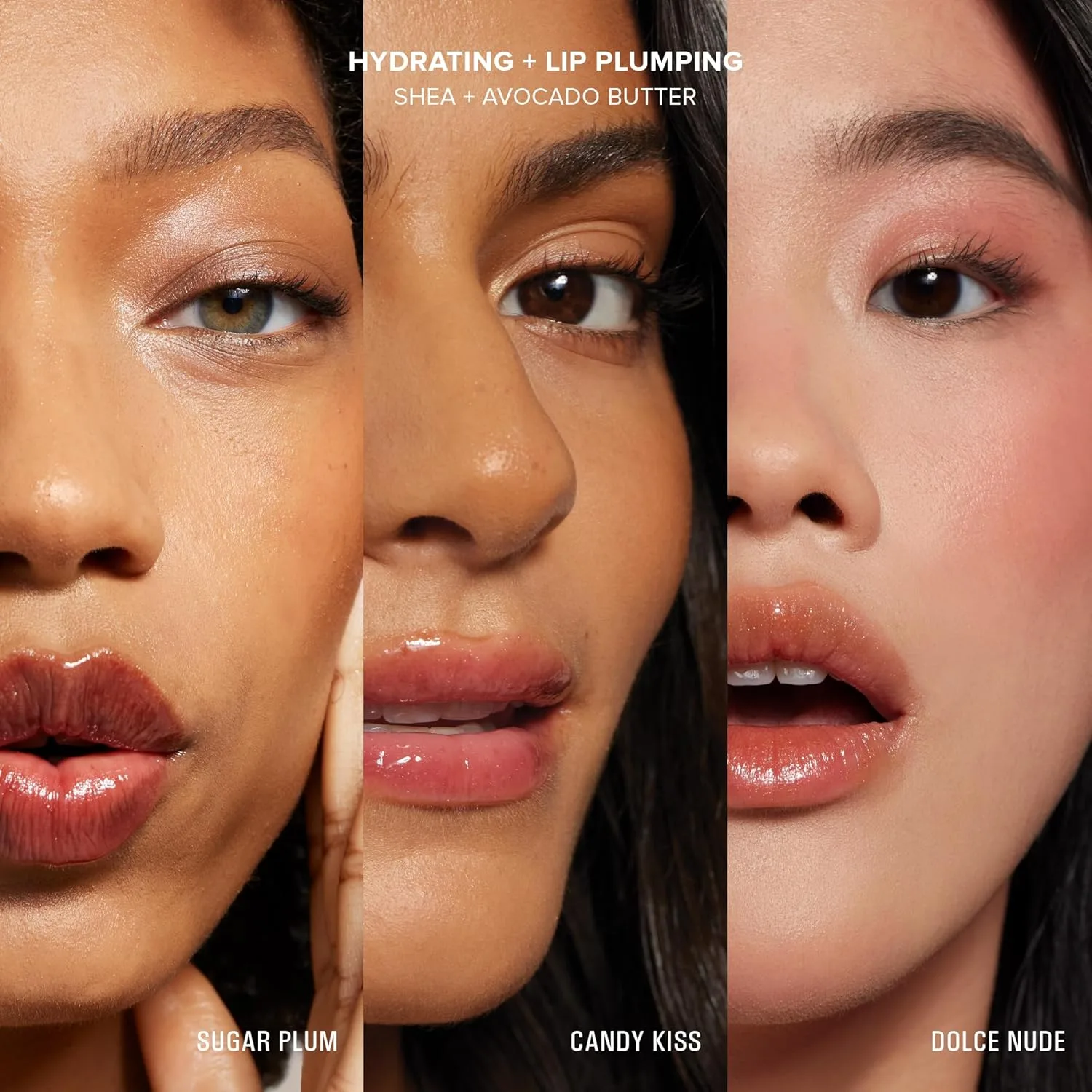 Набор Nudestix Hydrating Peptide Lip Butter Tint - 3 блестящих бальзама для губ с авокадо, маслом ши и пептидами, увлажняющие nude-оттенки, Dolce Nude, Candy Kiss, Sugar Plum — фото 3
