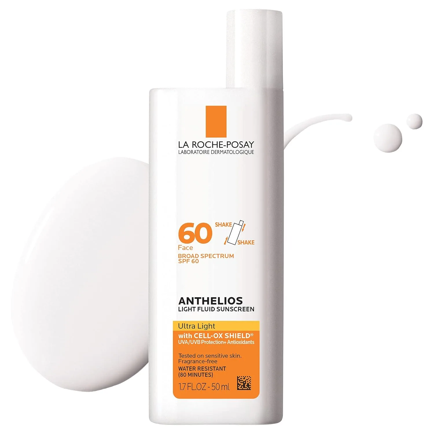 Солнцезащитный крем для лица La Roche-Posay Anthelios Light Fluid SPF 60, легкий, жидкий, с широким спектром защиты SPF + антиоксиданты, без масел и оксибензона, дорожный размер 1,7 жидких унций., No Color