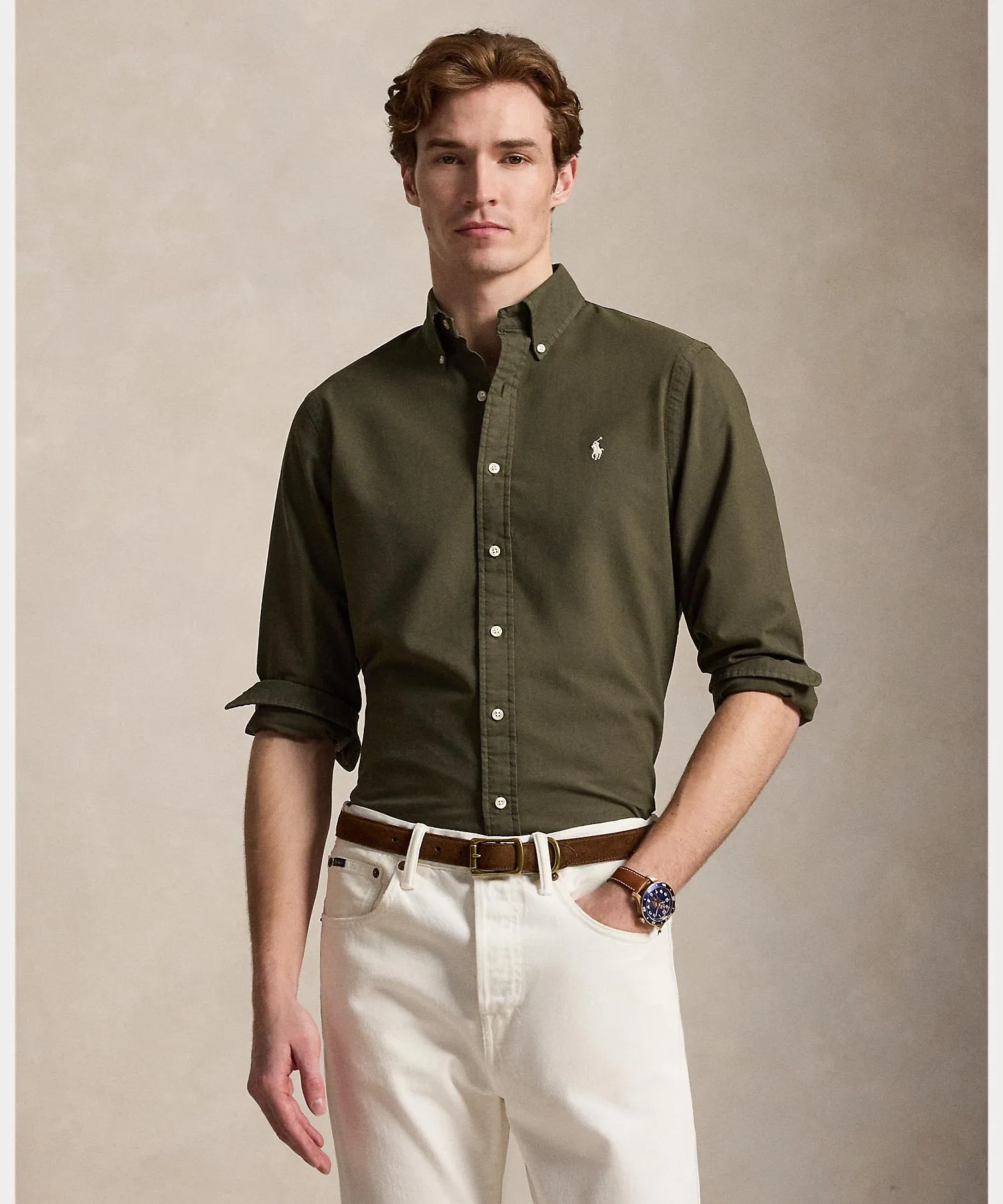 Мужская хлопковая рубашка Polo Ralph Lauren классического кроя, зелёная