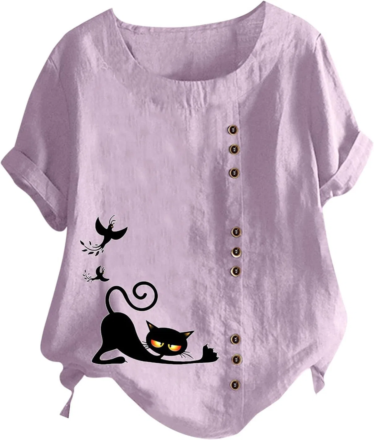 Блуза, свободная, из хлопка и льна, Women's Short Sleeve T-shirt, светло-фиолетовый