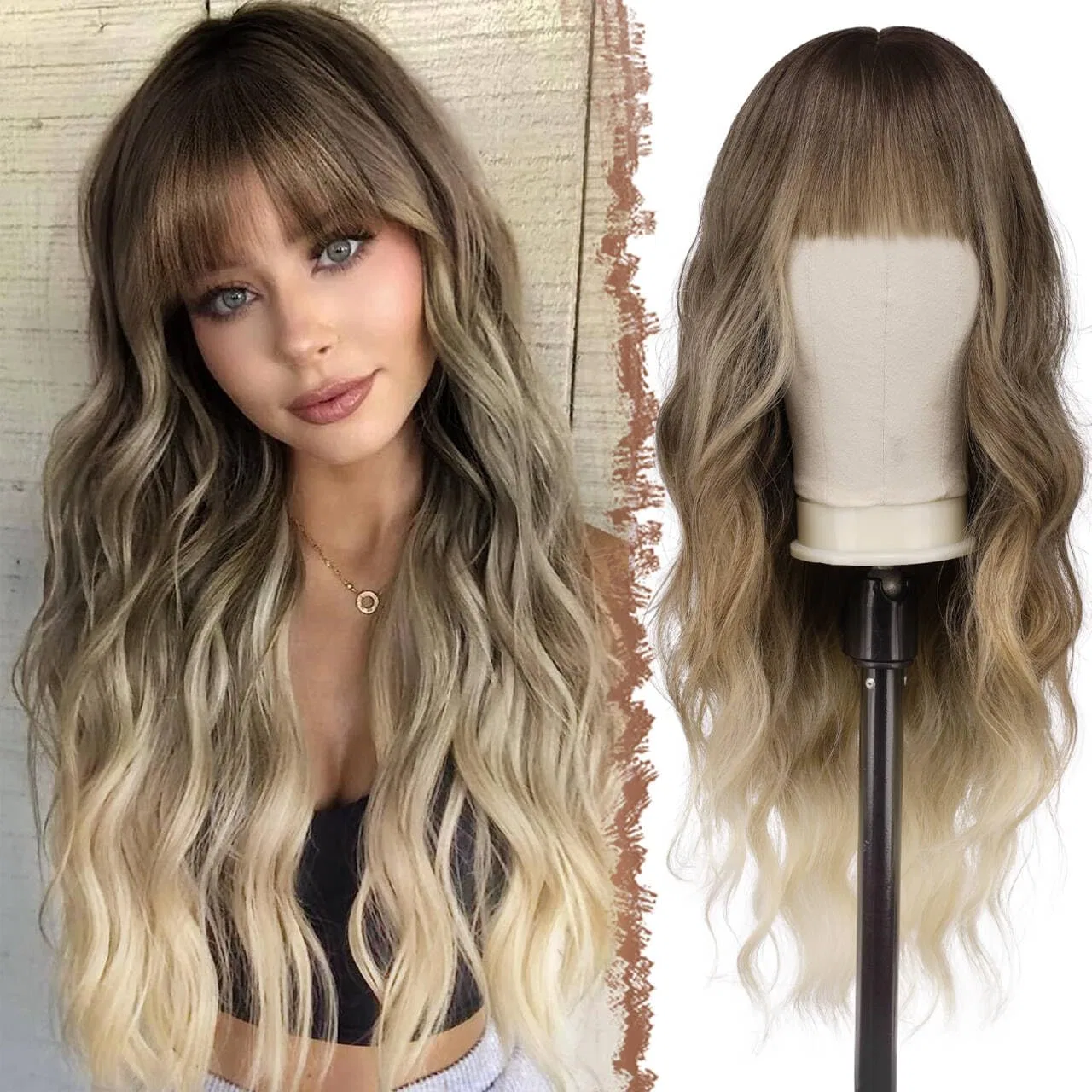 Женский длинный волнистый парик с челкой «Ombre Blonde Mix Brown» от FESHFEN Feshfen, Ombre Blonde Mix Brown