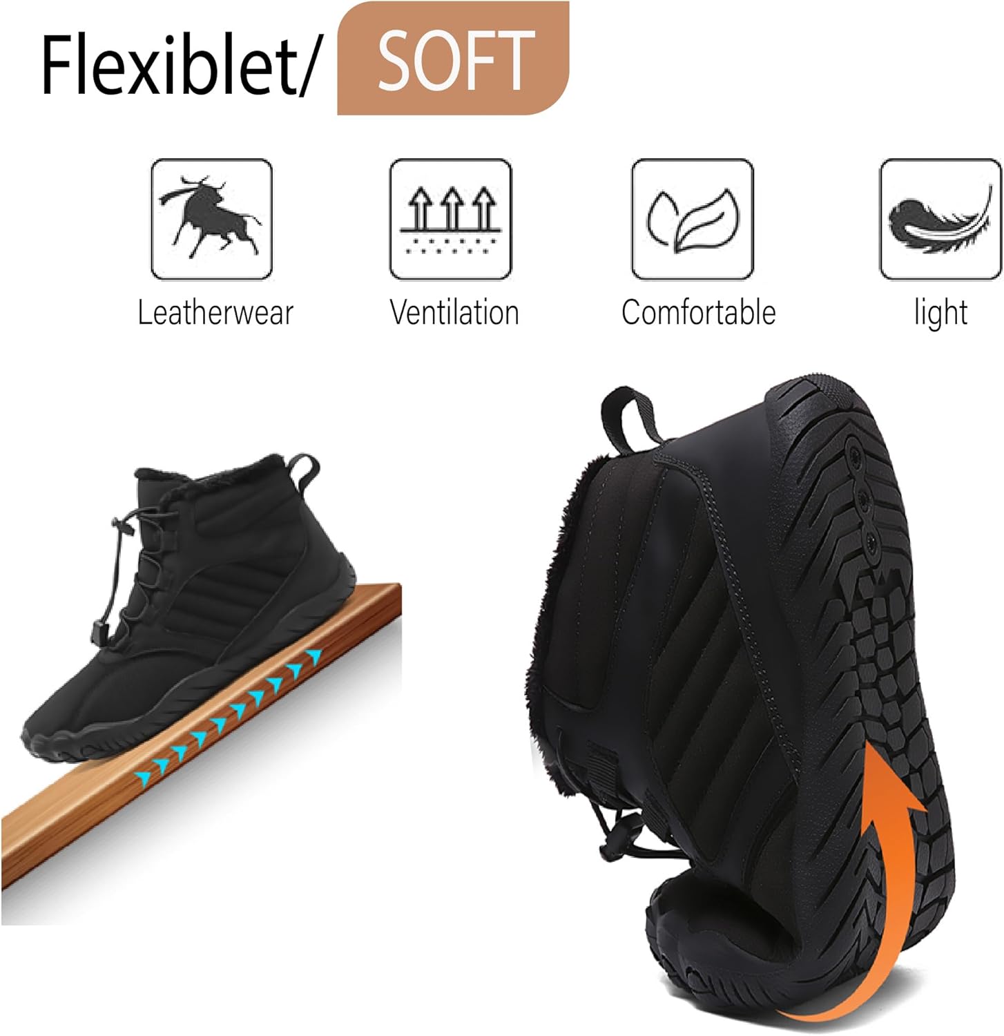 Зимние теплые ботинки Asifn Mens Barefoot с меховой подкладкой для походов, минималистичные, водонепроницаемые, противоскользящие хлопковые обувь, черный — фото 4