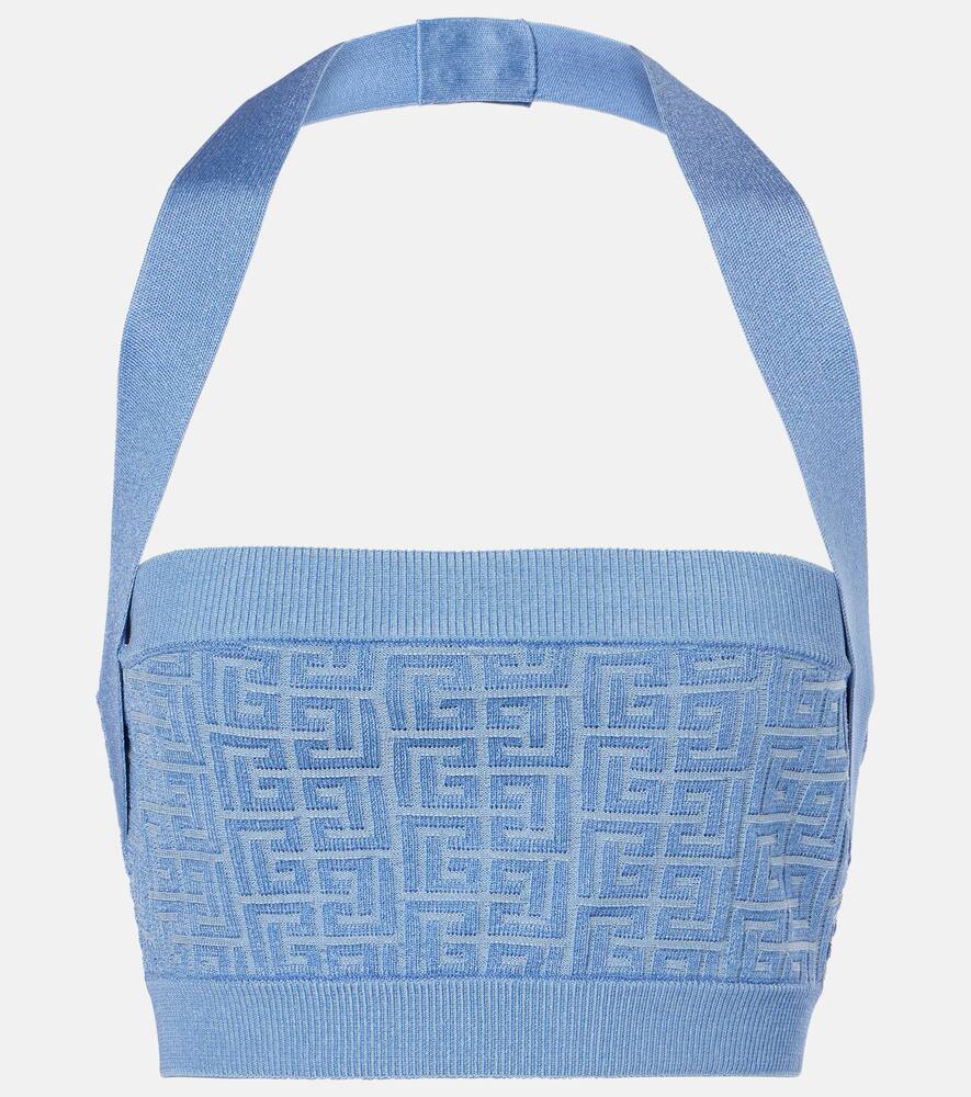 

Монограммный топ-бюстье с запахом Balmain, Bleu/Bleu Brillant