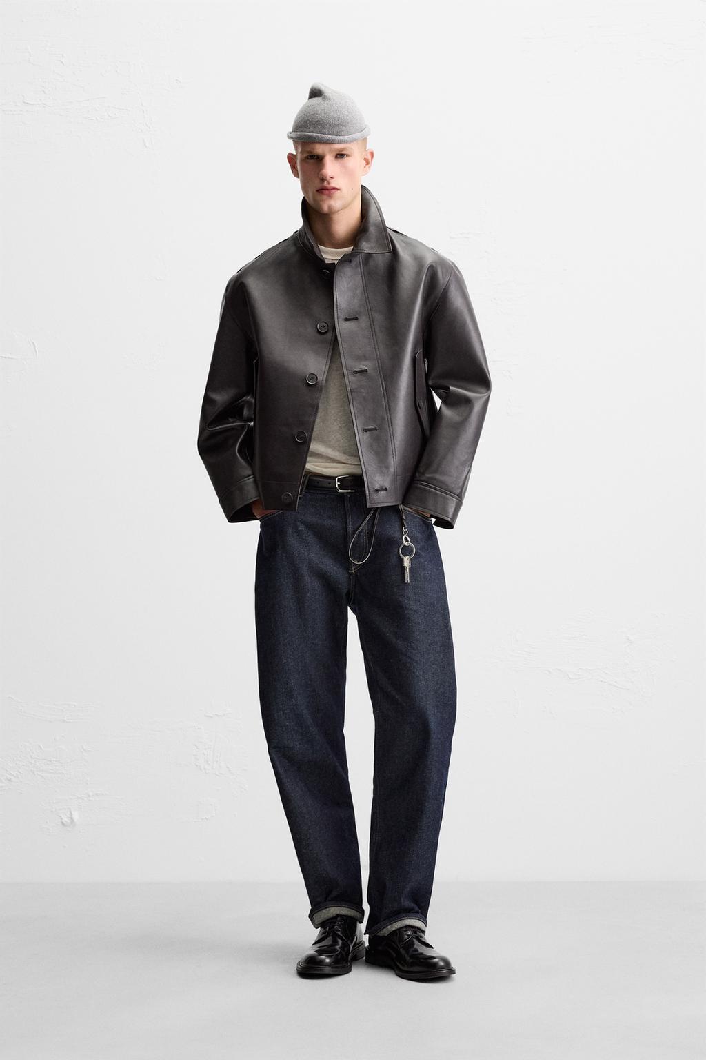 

Кожаная куртка укороченного покроя ZARA, коричневый