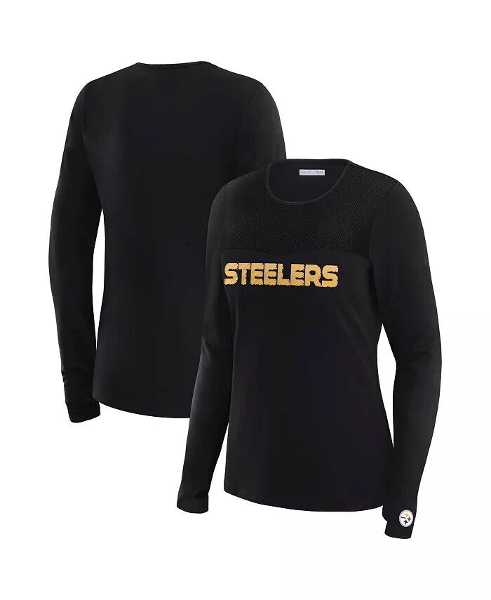 

X Gracie Hunt женская черная футболка Pittsburgh Steelers с сетчатой панелью и длинным рукавом WEAR by Erin Andrews
