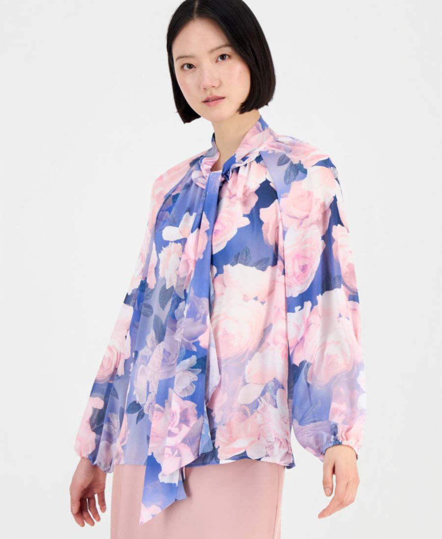 

Женская блузка с завязками на шее и рукавами-блузонами Tahari ASL, Blue Petal Floral