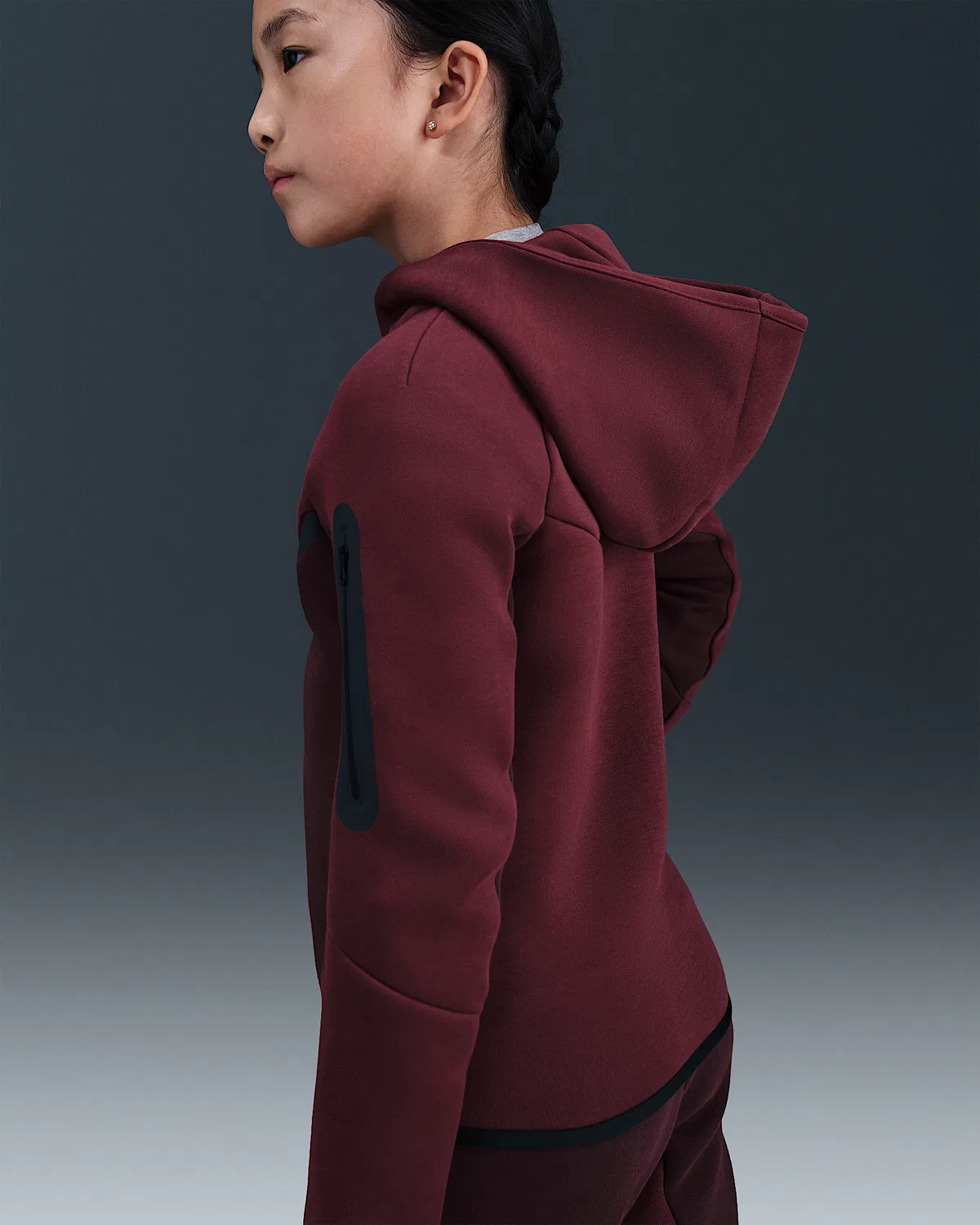 Детская худи Nike Sportswear Tech Fleece на молнии, Burgundy Crush/Dark Team Red/Black/Black — фото 4