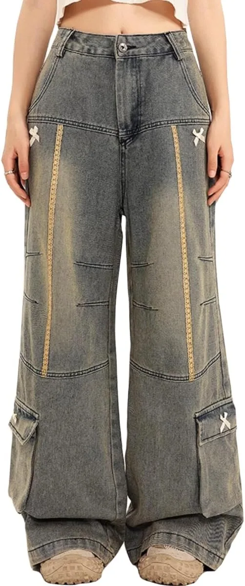 

Винтажные женские джинсы high waisted с кружевом и бантом kakarin choyx