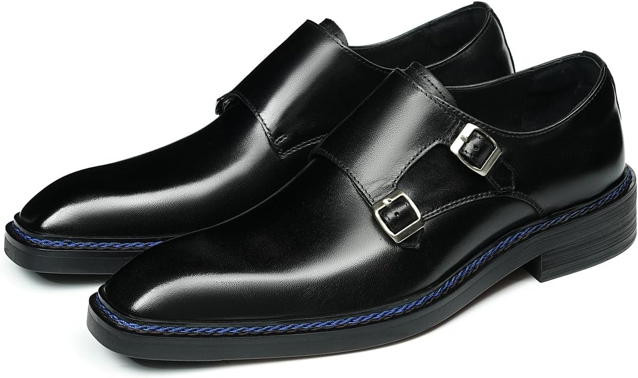 

Мужские лоферы Santimon без шнурков - туфли, удобные повседневные мокасины из натуральной кожи с двойным ремешком-монком и синим акцентом, с амортизирующей стелькой для работы и свадеб