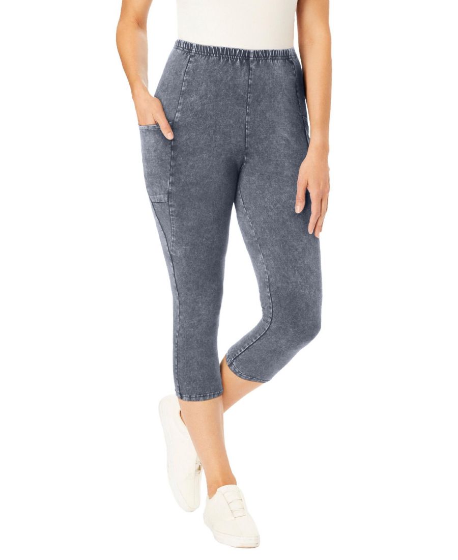 

Женские леггинсы-капри большого размера из эластичного хлопкового трикотажа с карманами Woman Within, Stone wash