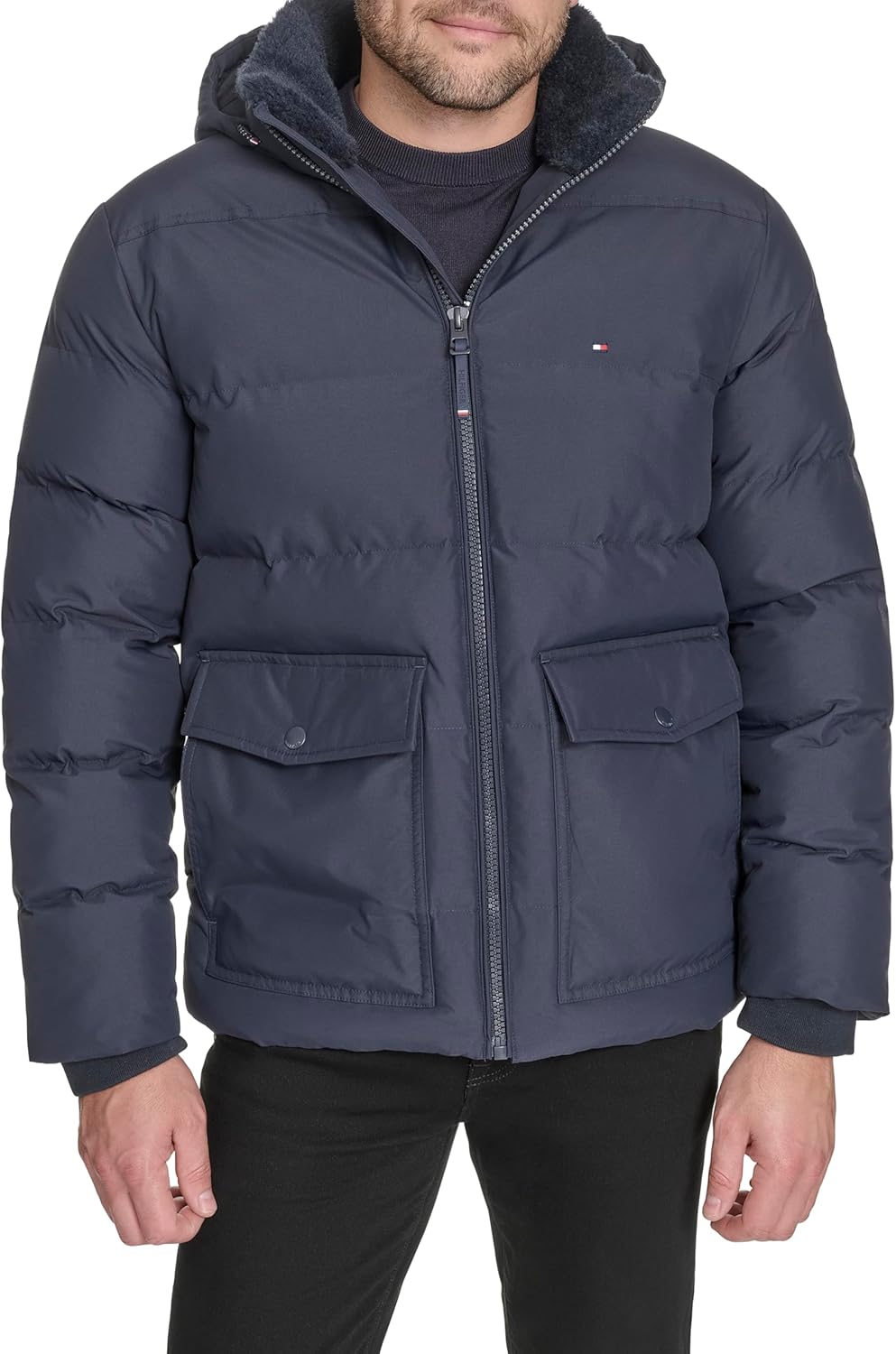 

Мужская стеганая куртка Tommy Hilfiger с капюшоном и накладными карманами, Navy