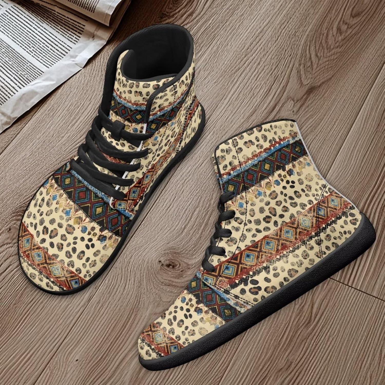 Кроссовки Binienty High Top Barefoot для женщин и мужчин, модные с нулевым перепадом, водонепроницаемые походные ботинки из ПУ-кожи, Retro Tribal Leopard — фото 2