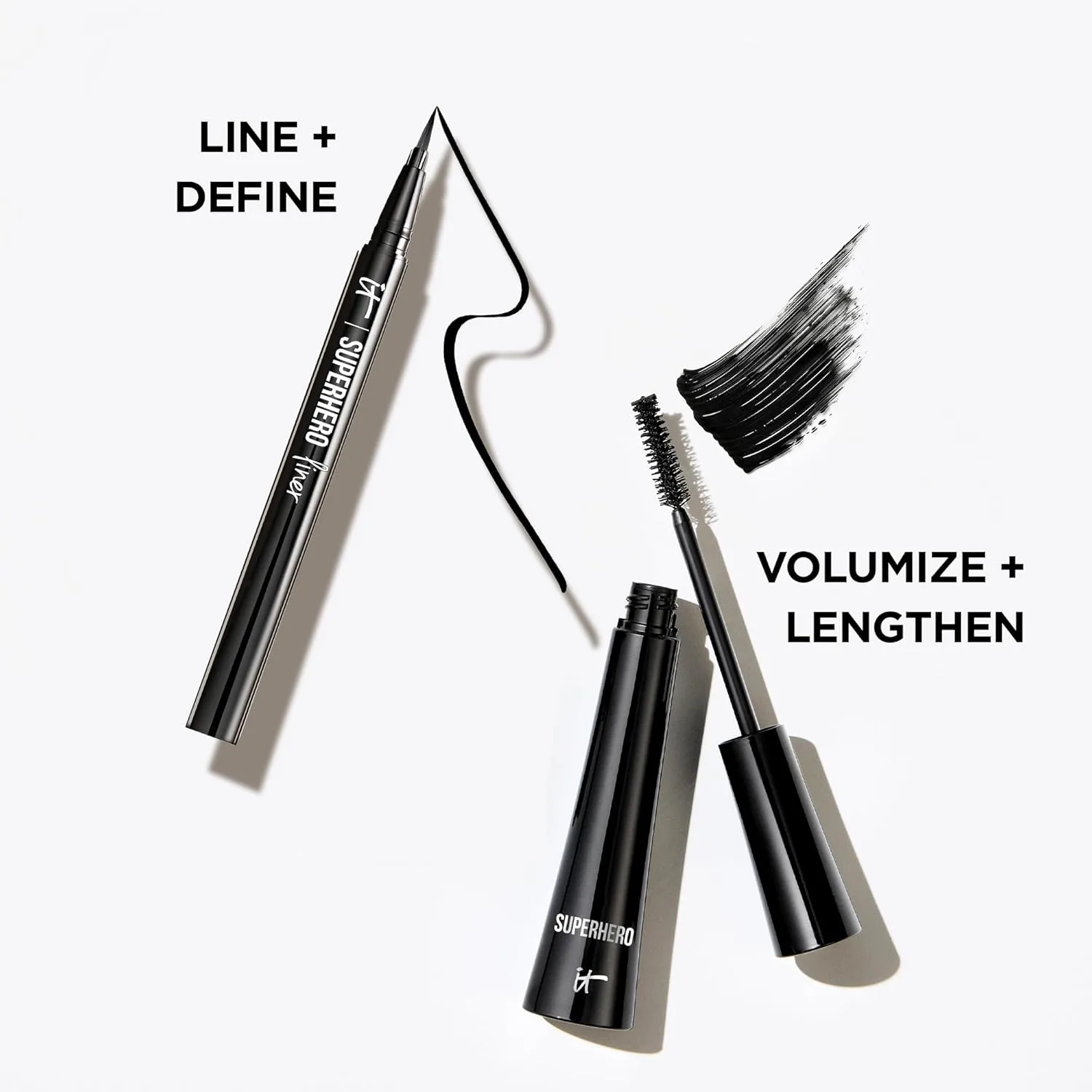 Набор для макияжа глаз IT Cosmetics Superhero - удлиняющая и увеличивающая объем тушь Superhero Black Mascara + водостойкая подводка Superhero Liquid Eyeliner, BLACK — фото 2