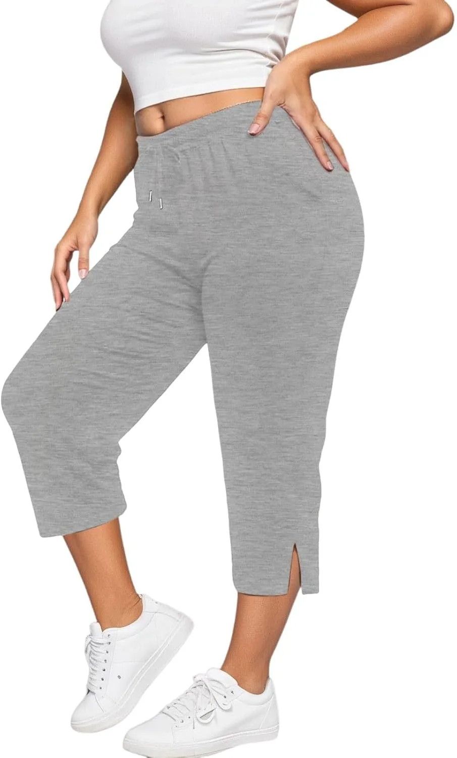 Капри для женщин Plus Size, повседневные летние свободные удобные брюки с завязками на поясе, эластичная талия, боковые разрезы, с карманом Generic, серый