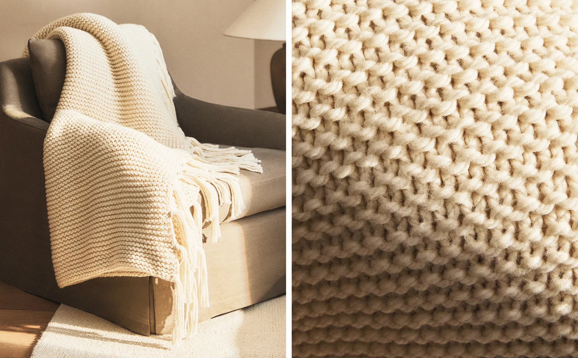 

Полосатый вязаный плед Zara Home, экрю