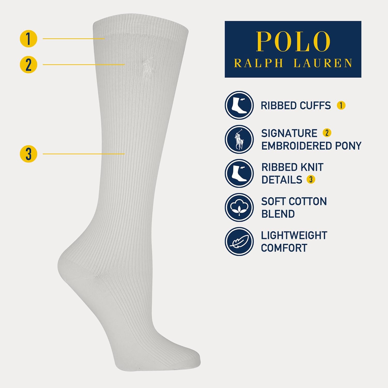 Женские классические ребристые носки до колена POLO RALPH LAUREN - упаковка из 1 пары - хлопок, комфорт, Ivory — фото 4