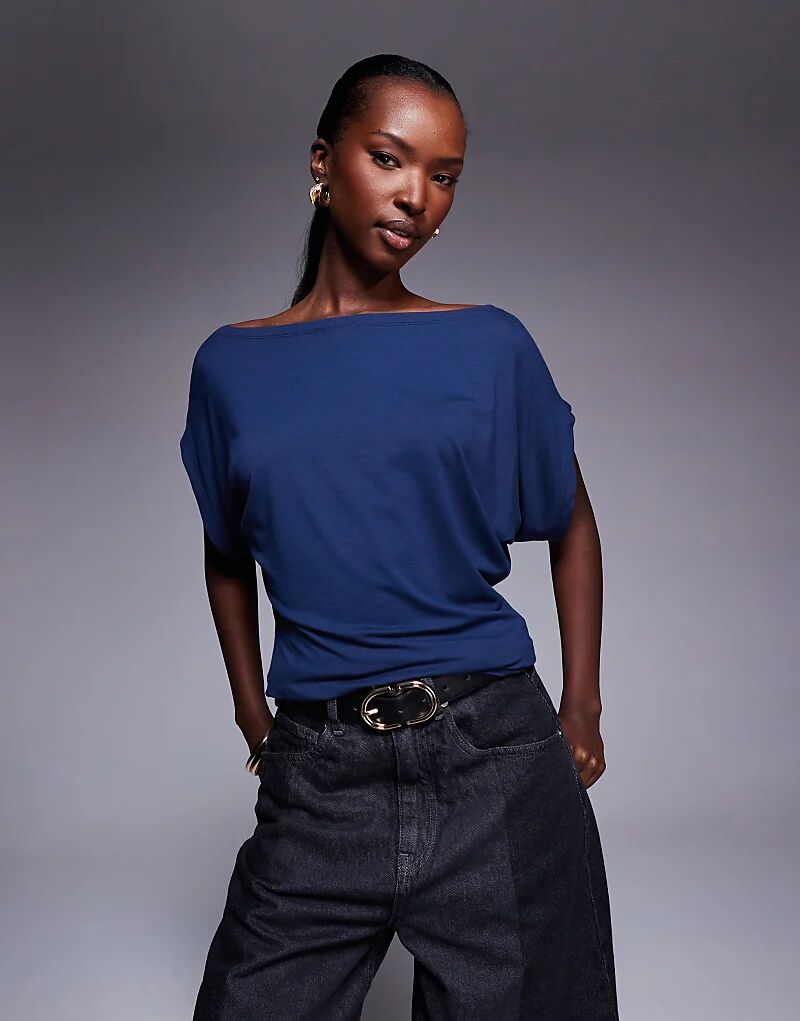 

Топ с короткими рукавами «летучая мышь» ASOS DESIGN темно-синего цвета