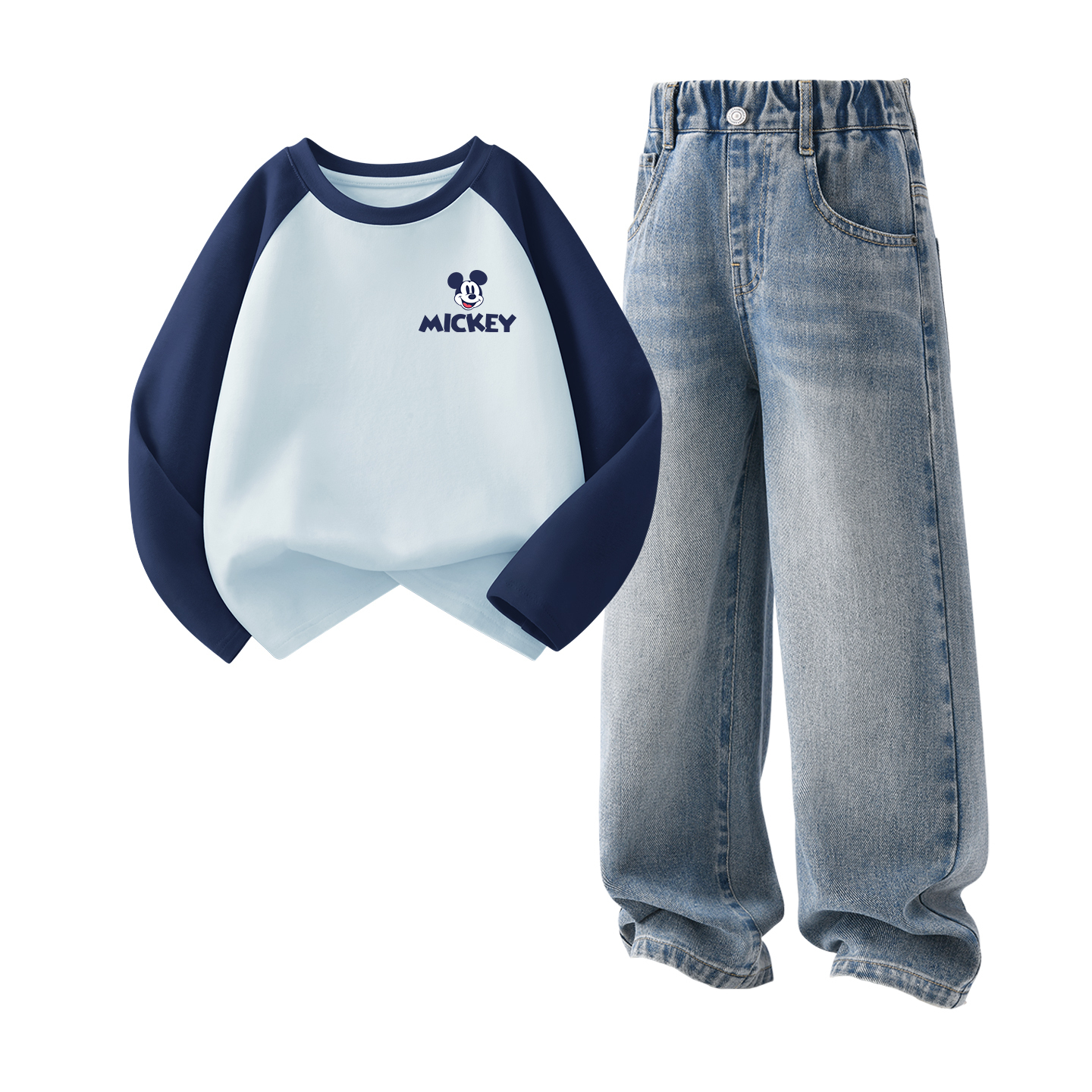 

Детская повседневная спортивная одежда Disney, Di Chao Mickey Mouse Cloud Glaze Blue+Solid Color Sea Salt Blue