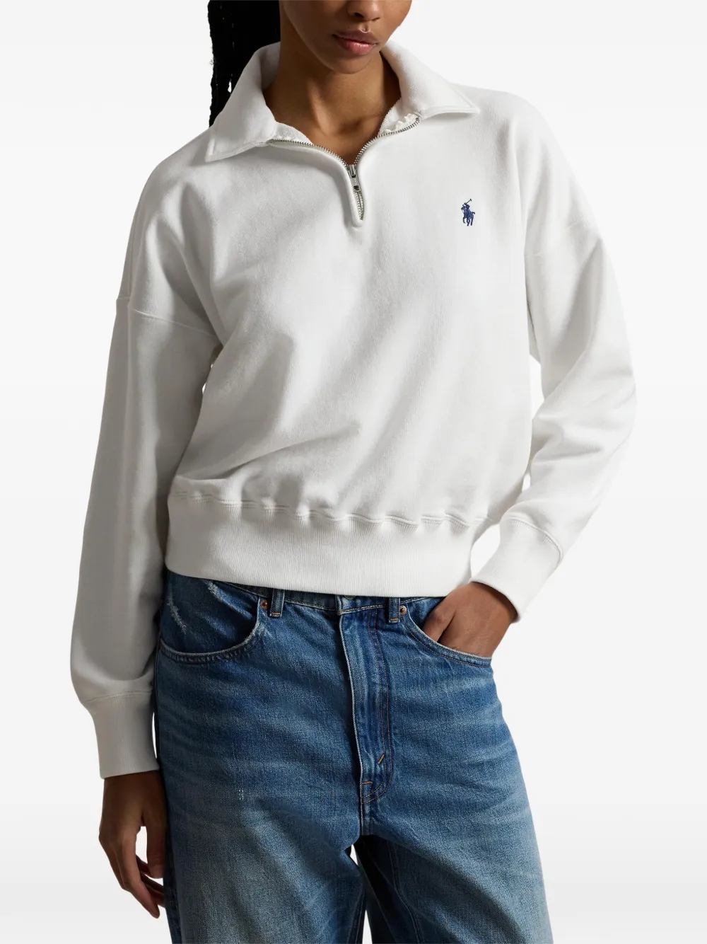 Свитшот с вышивкой и молнией на воротнике Polo Ralph Lauren, белый — фото 3