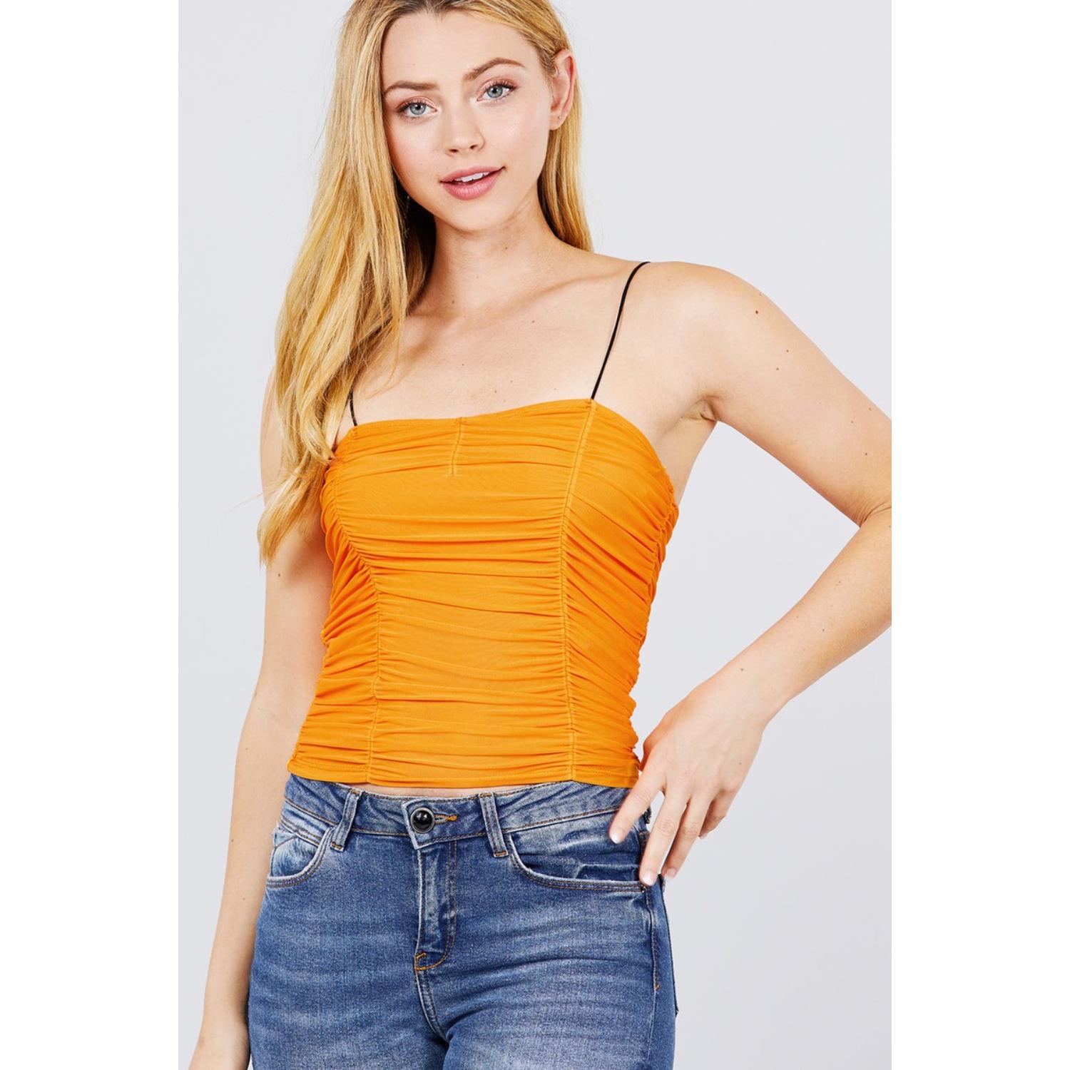 

Топ из сетки с V-образным вырезом и сборками на эластичных бретелях FASHNZFAB, оранжевый